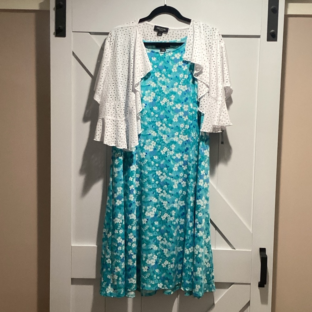 Perceptions Turquoise Floral Dress with White Ruffle Overlay